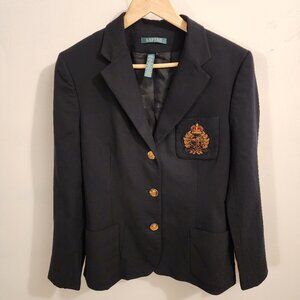 Lauren Ralph Lauren Gold Crown Crest Black Wool Blazer 12 Gold Buttons Old Money